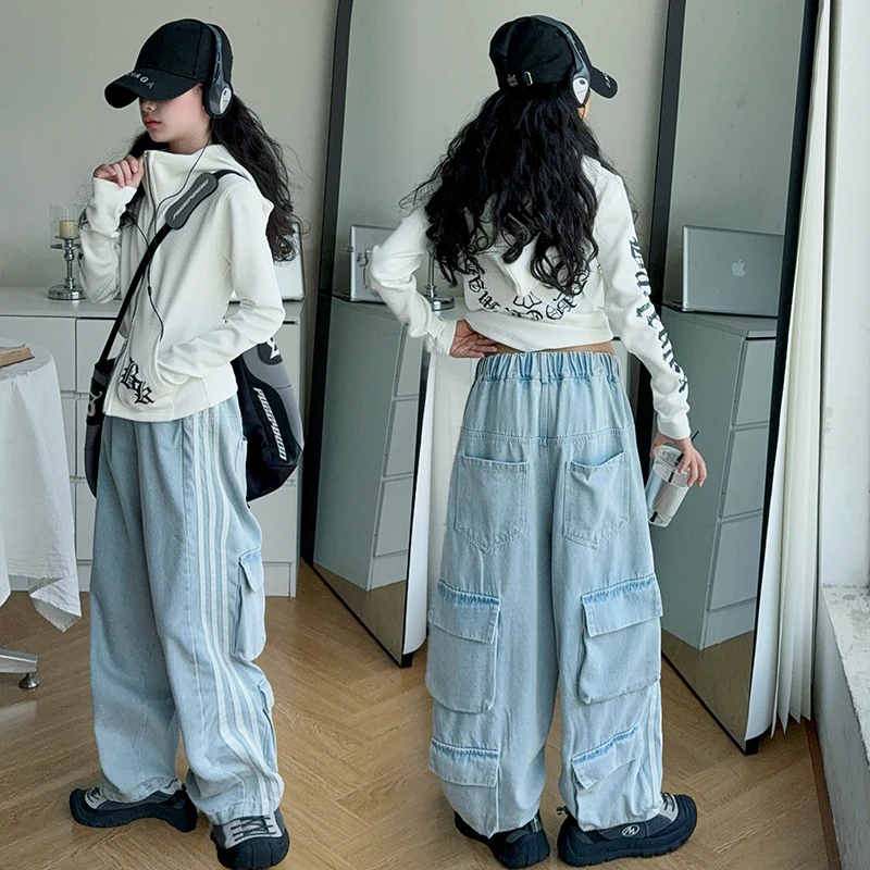 女童帽衫长裤套装2025新款儿童春秋装中大童印花外套工装裤两件套