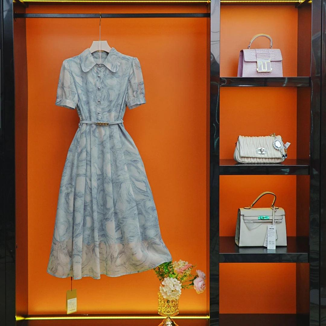 [深圳南油高定]桑蚕丝气质百搭轻奢法式显瘦中长款连衣裙MU5020