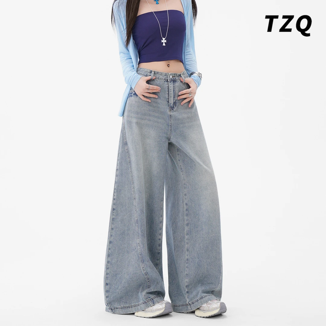 美式街头复古牛仔裤女秋爆款高腰显瘦水洗女宽松弯刀裤TZQ2571624