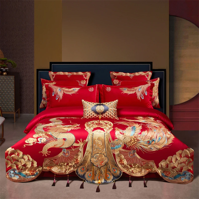 I-Will/艾维高端龙凤100s长绒棉中式绣花婚庆结婚四件套 祥龙禧凤