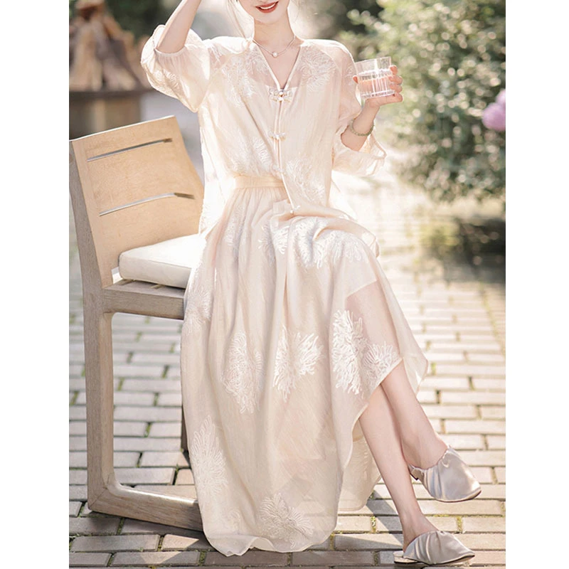 时尚套装女装仙气长裙法式蕾丝长款白色温柔小众裙子中式中国风
