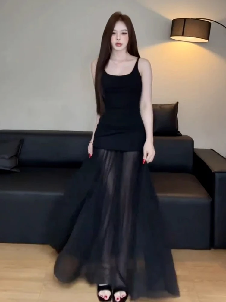 清冷艺术系网纱拼接针织吊带裙女纯欲U领弹力露肩露背收腰连衣裙