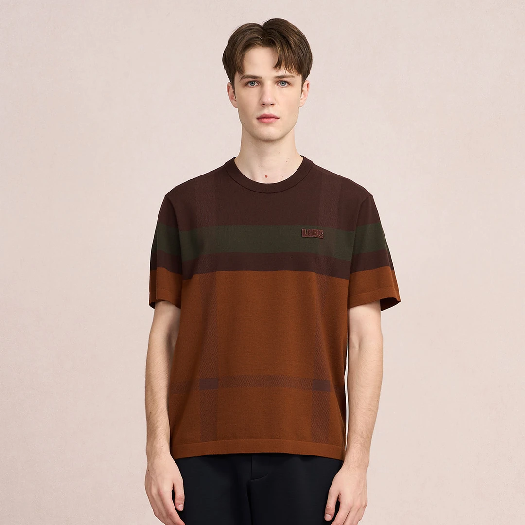 路卡迪龙【冬姐精选】美丽诺提花亲肤圆领休闲短袖羊毛衫180255162