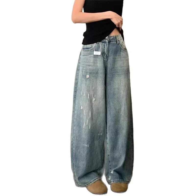 牛仔裤子长裤长分裤2025高腰阔腿女式阔腿长靴裤新款磨破长裤子夏