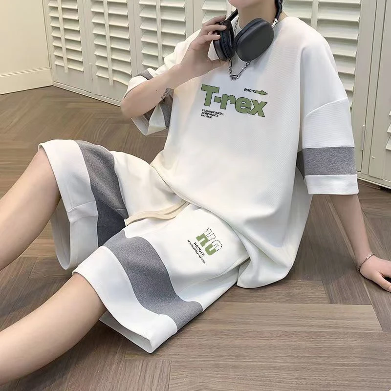 夏季新款中腰休闲运动套装印花宽松潮流半袖外穿休闲网红男士韩版