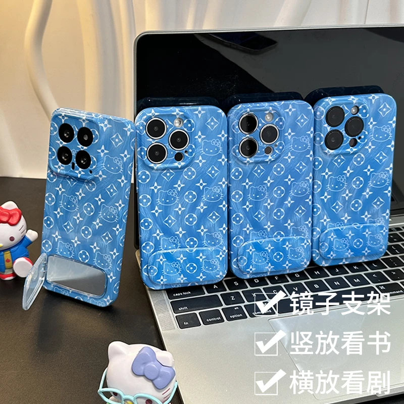 奥菲顿蓝色印花KT支架适用苹果16菲林手机壳华为vivo小米15oppo套