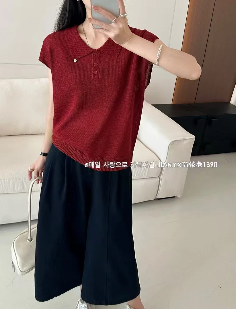 女夏季短袖翻领拼色薄款毛针织衫显瘦宽松套头西域风洋气百搭纯色