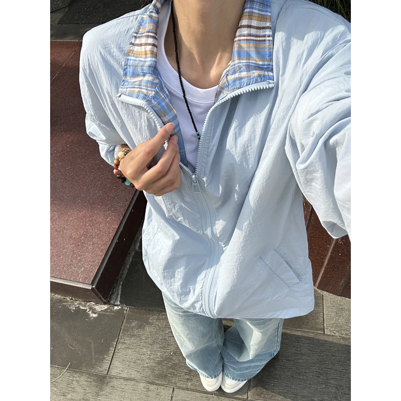 UPF50+格子拼接轻薄防晒衣外套男女夏季透气立领翻领防晒户外夹克