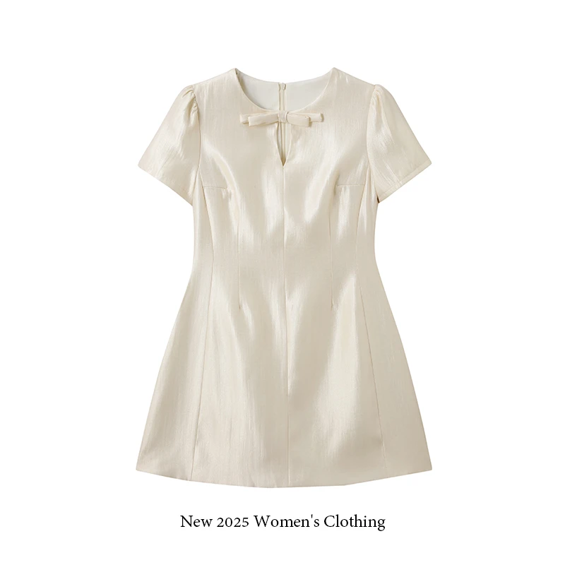 夏季新款优雅设计感女装简约感轻奢领口蝴蝶结短袖连衣裙/1307