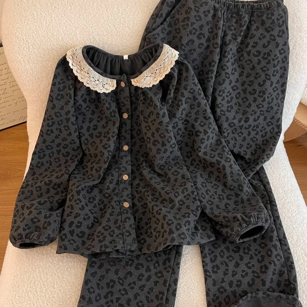 德绒睡衣女秋冬季新款蕾丝花边公主风长袖长裤可爱家居服套装LK