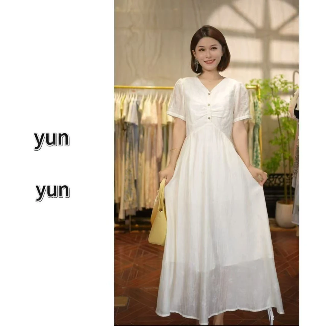 【现货现发】 85%莱赛尔  2025年夏季烫金撒银收腰显瘦连衣裙女