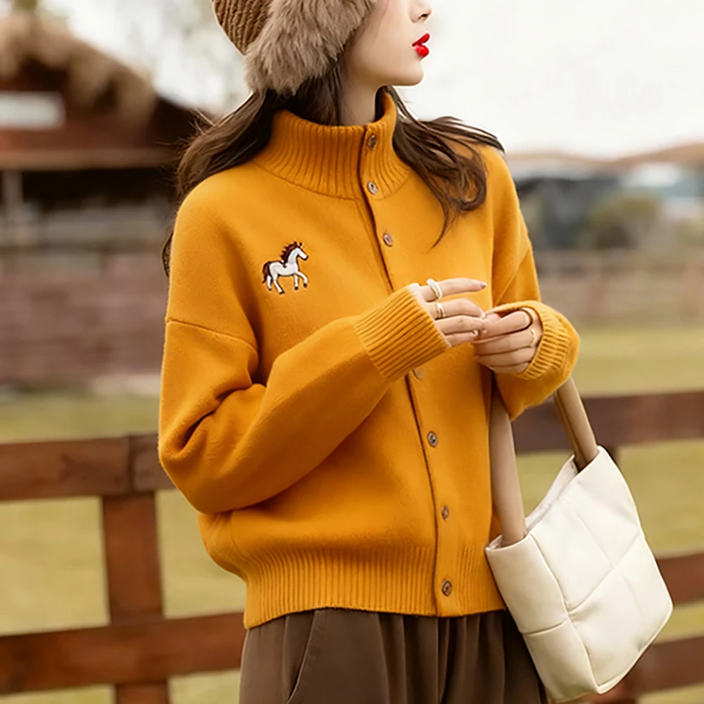 橘色高领毛衣开衫外套女士秋冬新款慵懒风洋气宽松加厚针织衫上衣