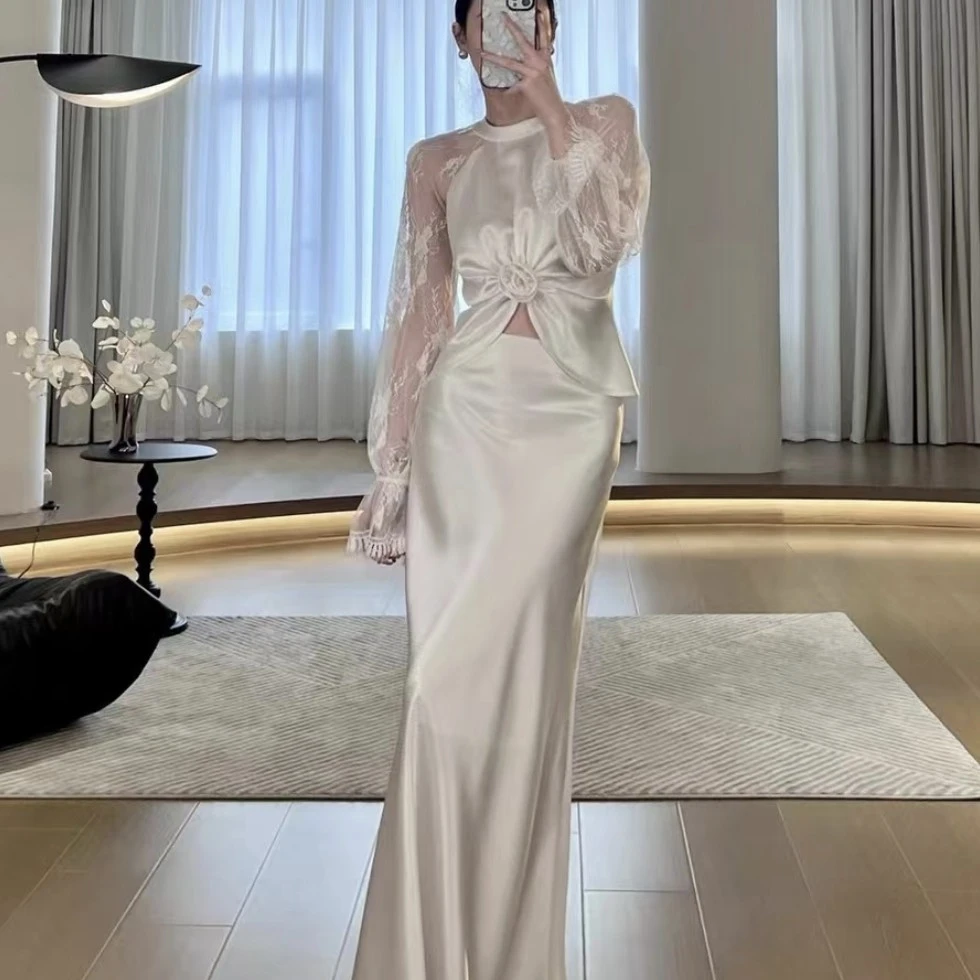 洋气超仙超好看蕾丝拼接衬衫+半身裙两件套2025新款时尚套装女潮