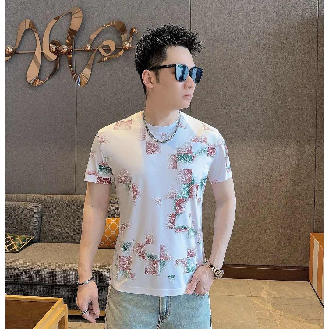 2025男士春夏植绒提花短袖潮流时尚修身圆领重工欧货品质半袖休闲