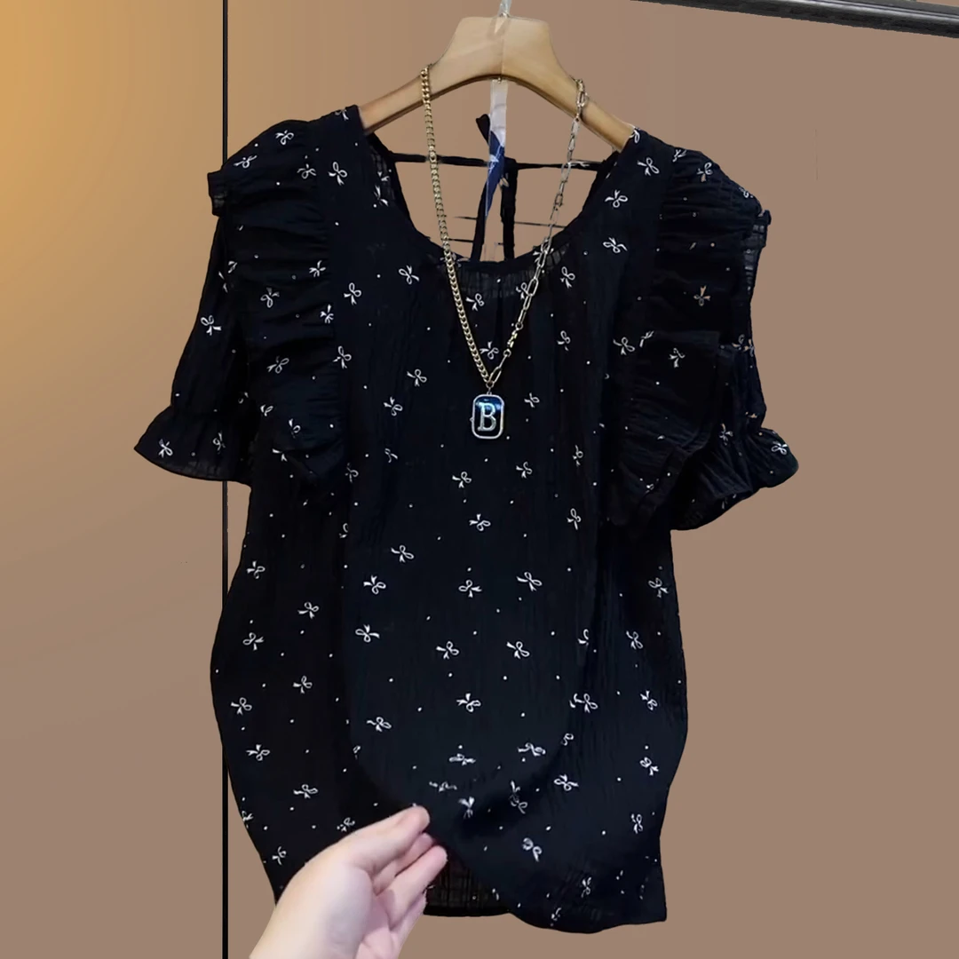 夏季大码女装胖妹妹遮肉显瘦宽松黑色短袖半袖小衫洋气休闲百搭