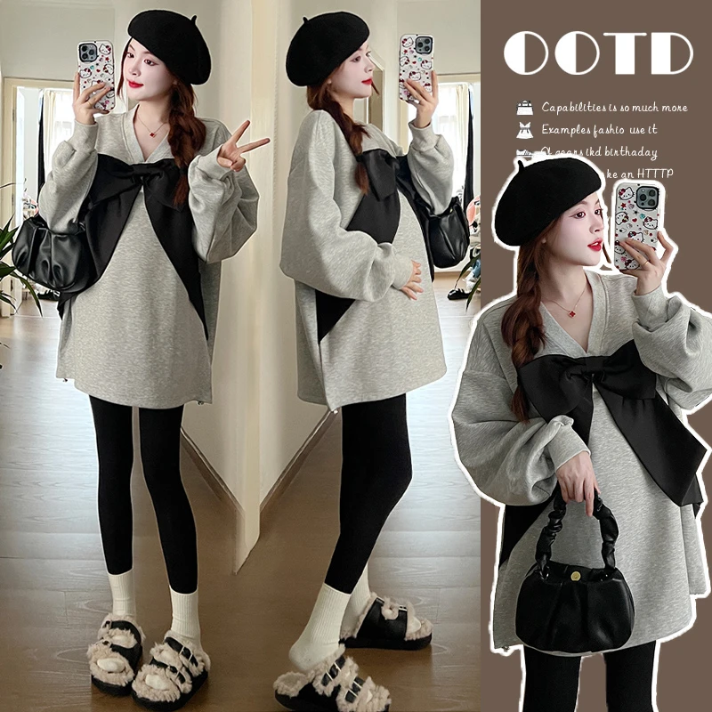 孕妇装秋装2025新款秋冬设计感韩版上衣宽松蝴蝶结中长款卫衣裙女