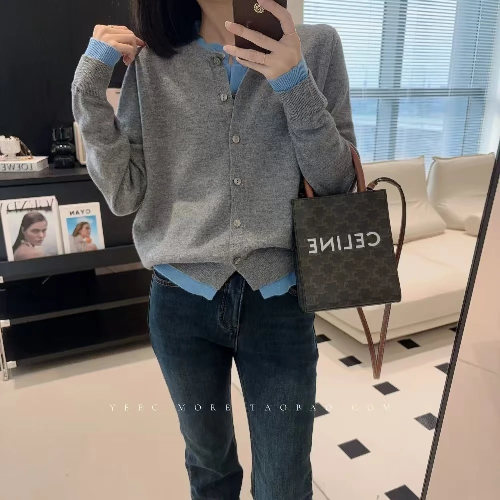 法式轻奢女高级感撞色叠穿100%纯羊毛假两件宽松显瘦针织开衫毛衣