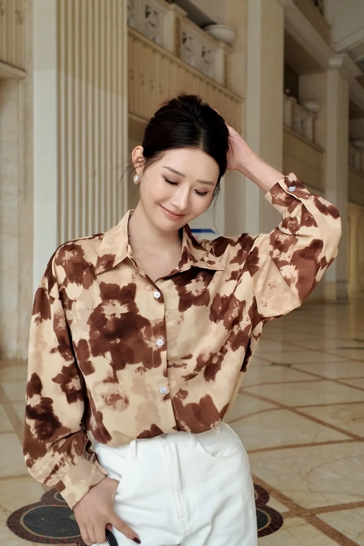 杏色花朵防晒花衬衫2025年春夏季新款港式宽松显瘦长袖上衣女