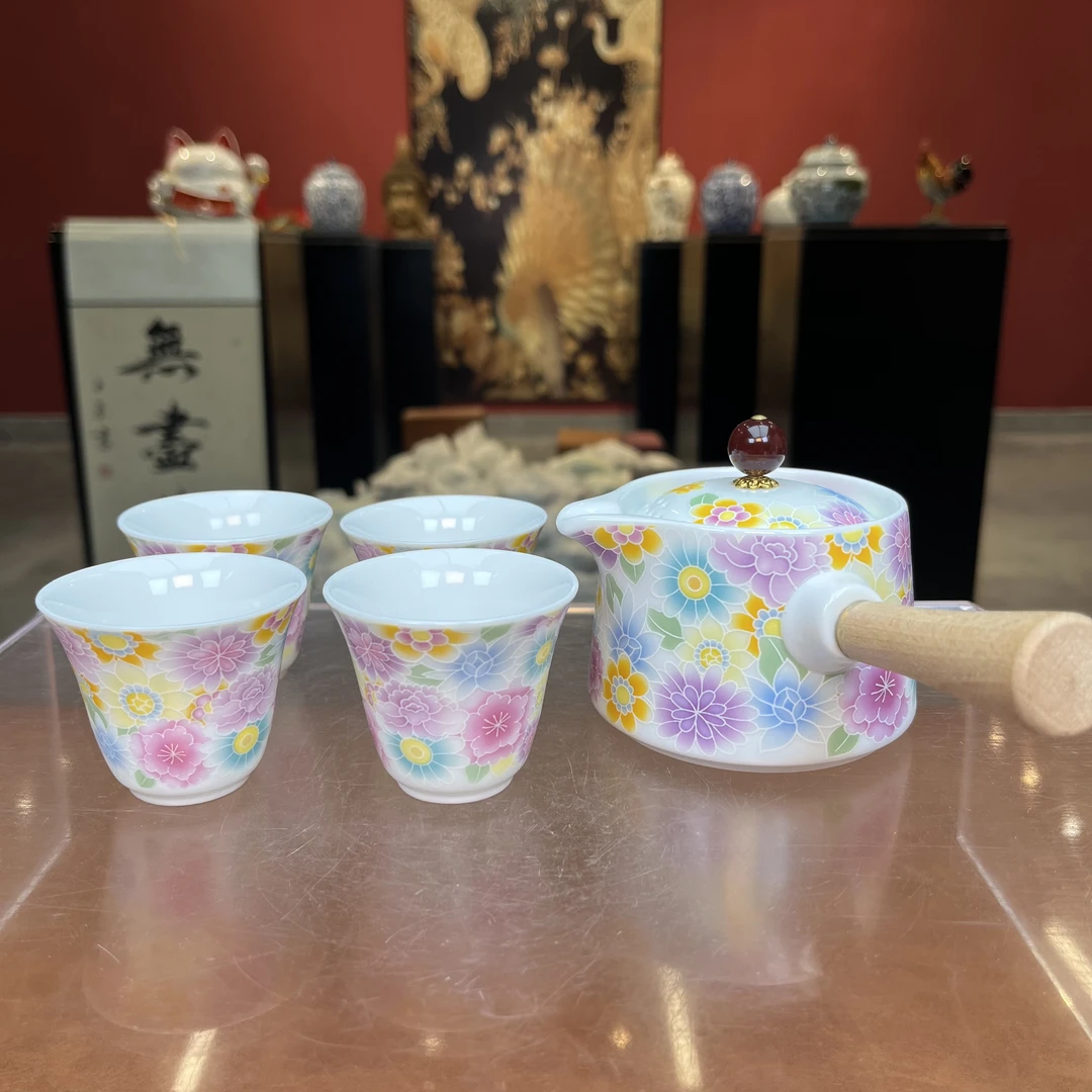 粉彩万花侧把壶4杯茶盘@Z422