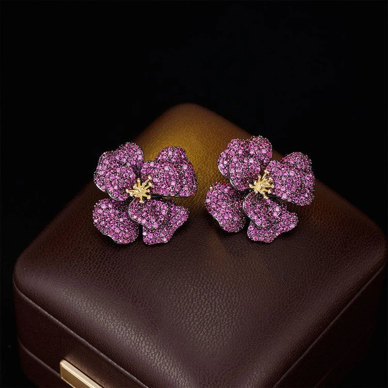 足银玻璃耳饰 轻奢高级感微镶锆石玫瑰花朵耳钉耳饰s925银针奢华