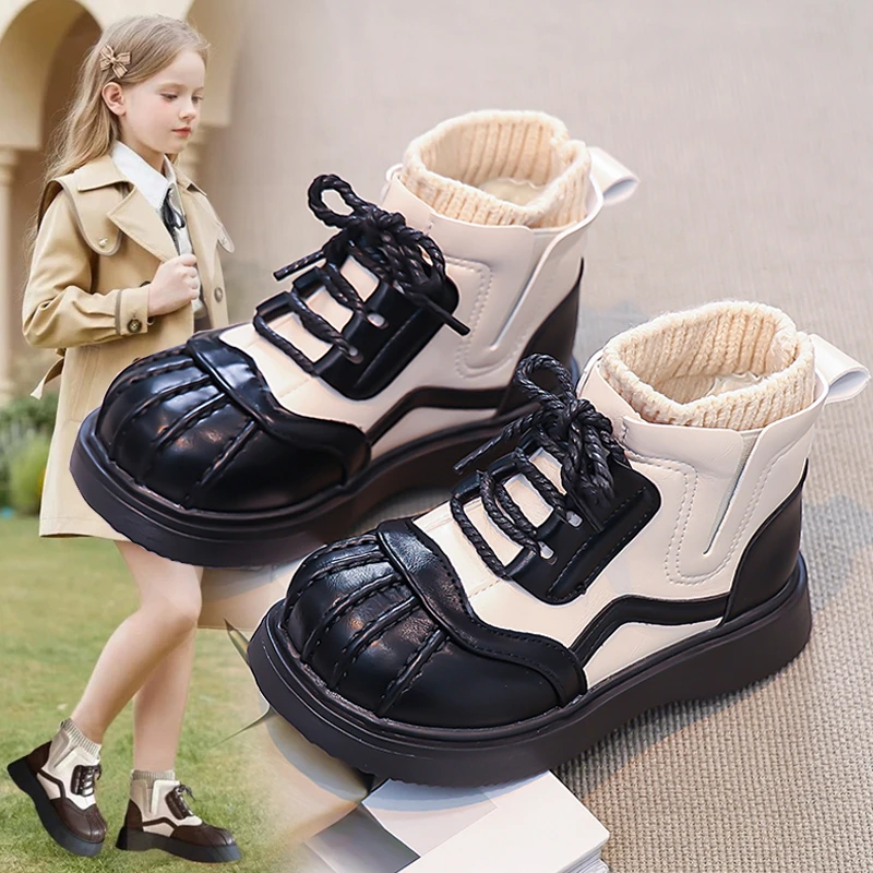 ABC 女童马丁靴2025秋冬季新款贝壳头加绒棉靴女孩英伦风复古拼色