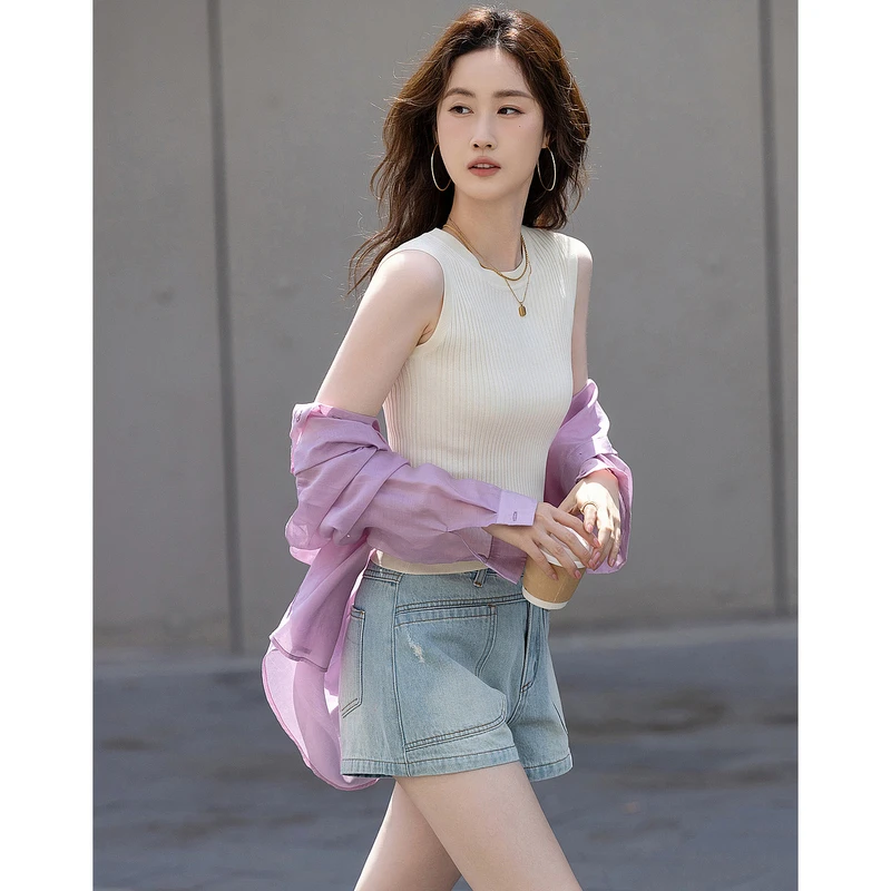 dme【薄荷曼波线衫】简约风圆领无袖双曲冰麻显瘦针织衫女上衣