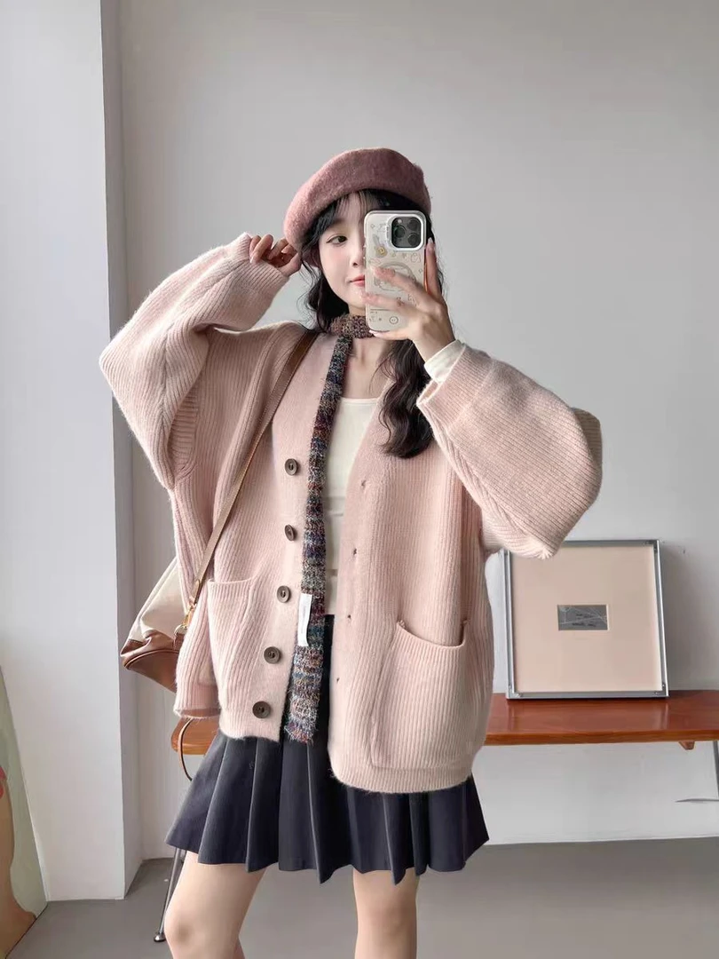 温柔软糯宽松毛衣外套女秋冬季新款韩系慵懒风纯色针织开衫女XX