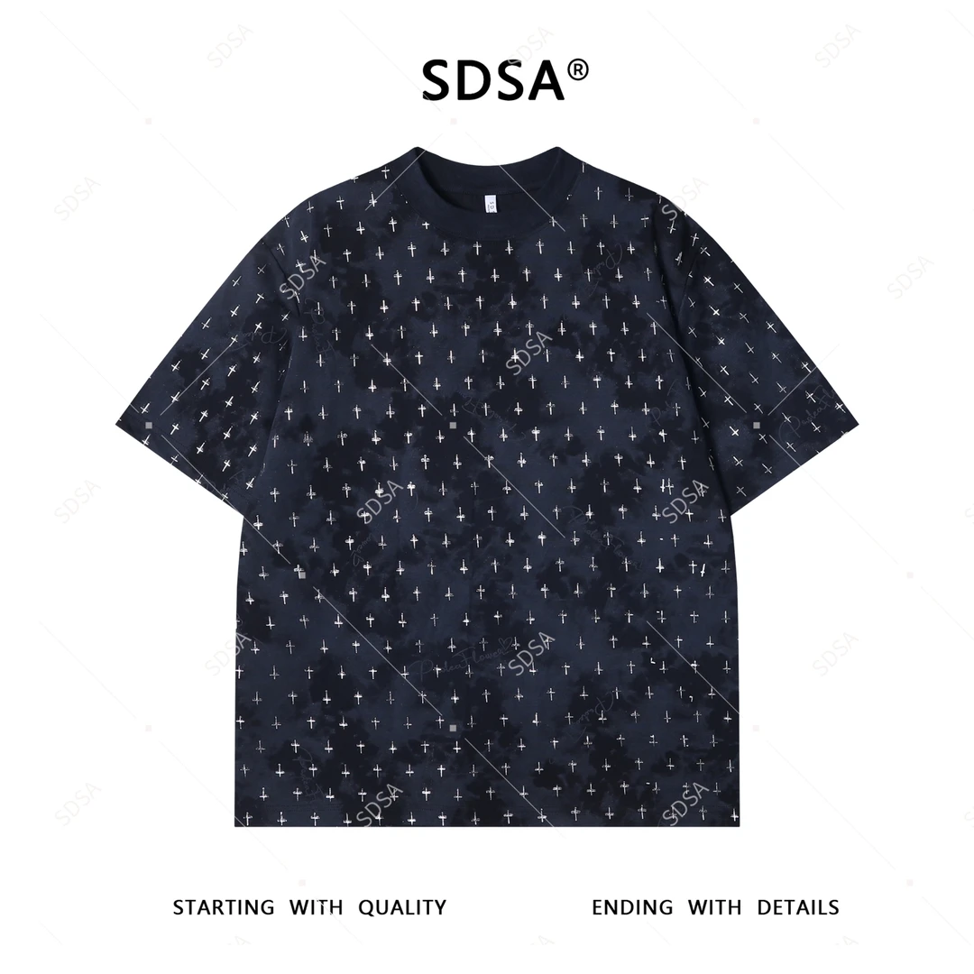夏季高级感新款男士美式满印十字印花短袖T恤宽松轻奢圆领上衣潮