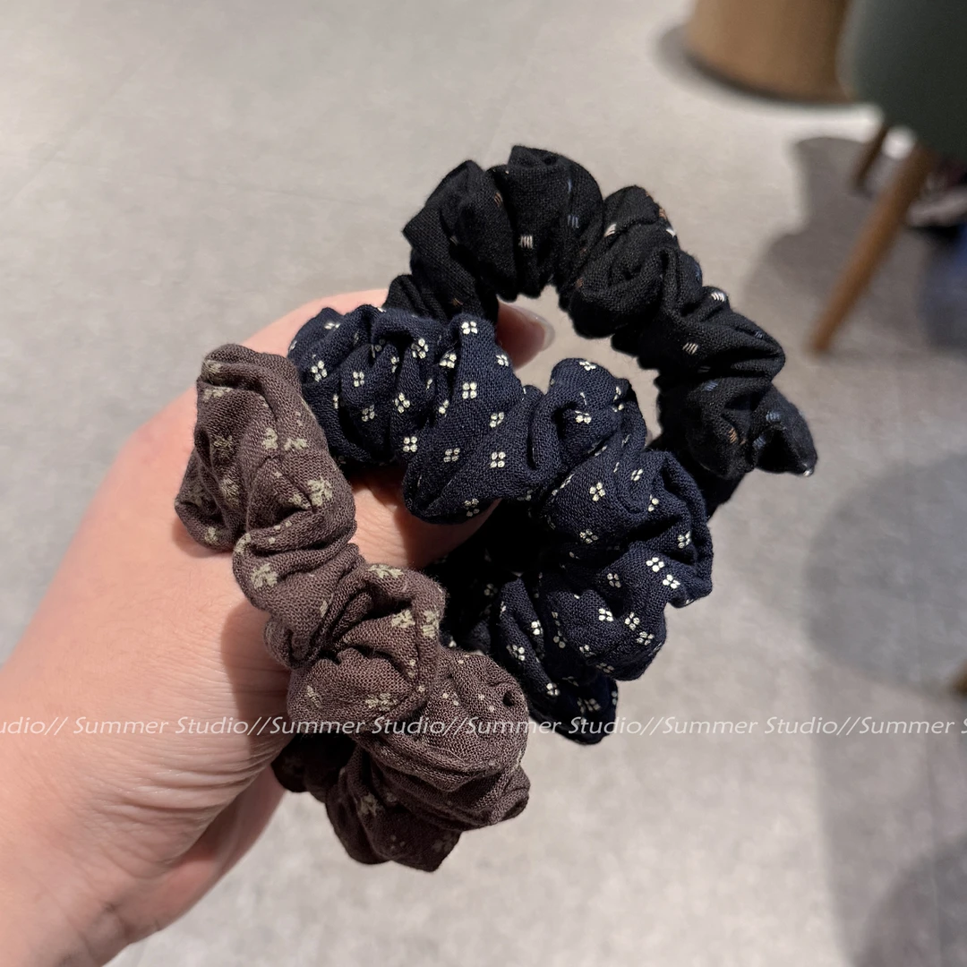 复古小众小肠圈 百搭实用褶皱棉麻头花 布艺四叶小发圈印花头绳女