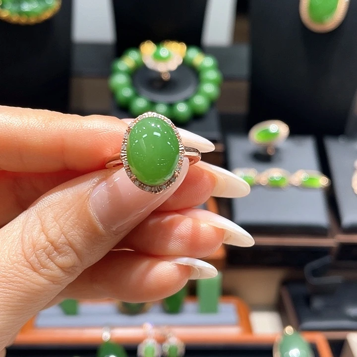 和田玉（碧玉）银S925镀金镶嵌戒指