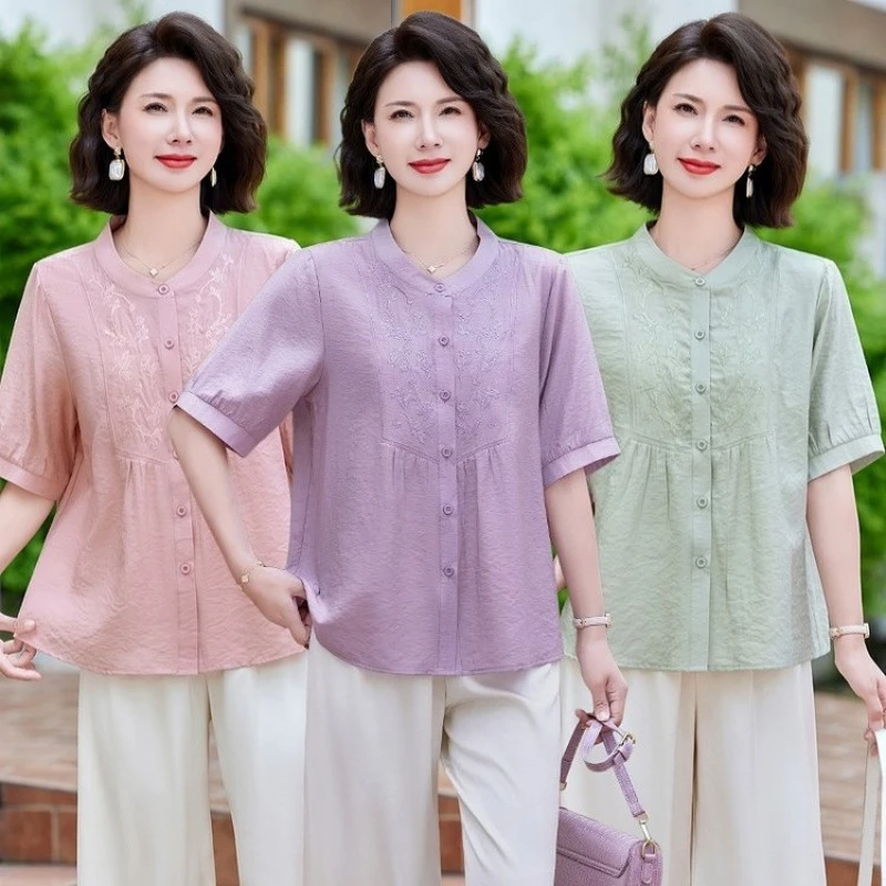 夏装时尚刺绣衬衫上衣新款中老年女洋气显瘦气质短袖两件套装