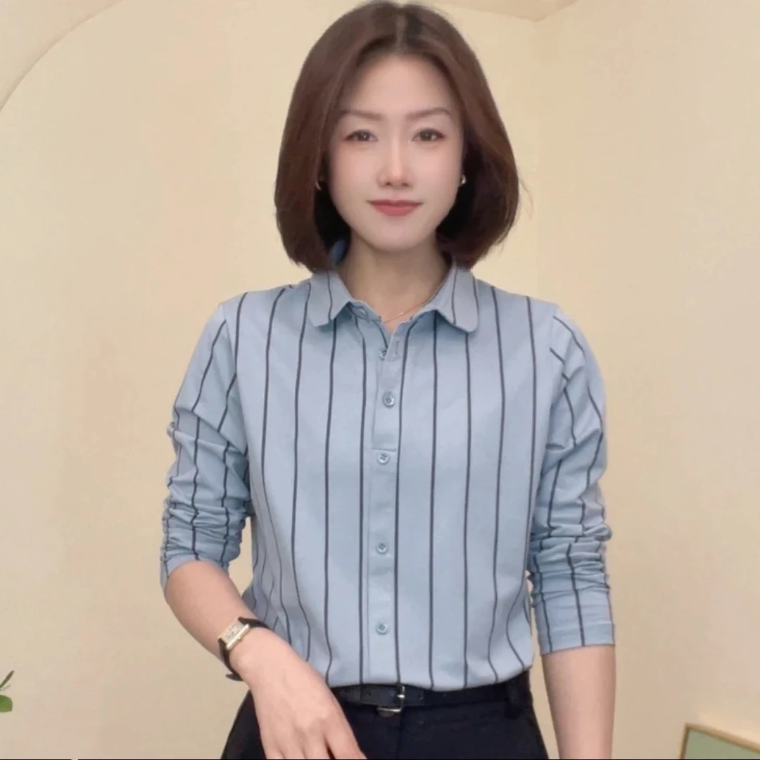 35430夏季新款休闲条纹长袖衬衣时尚百搭显瘦气质女士修身小衫