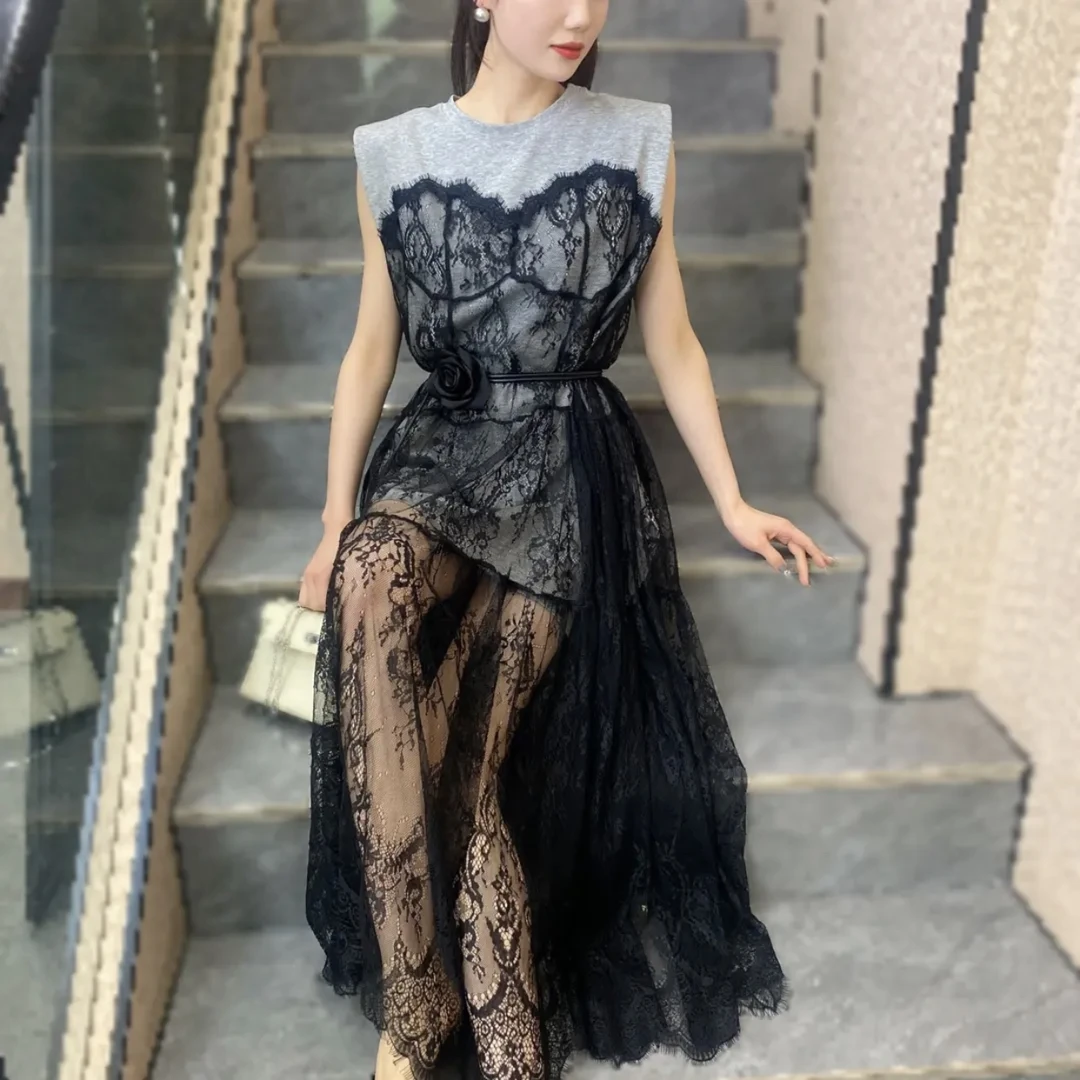【俊英】欧洲站2025夏季新款优雅设计蕾丝拼接遮肉显瘦背心连衣裙