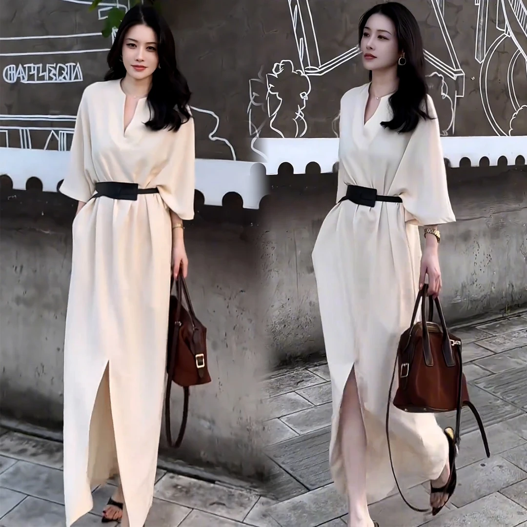 拉夏贝尔气质裙子女2025秋季新款显瘦减龄洋气百搭纯色长袖连衣裙