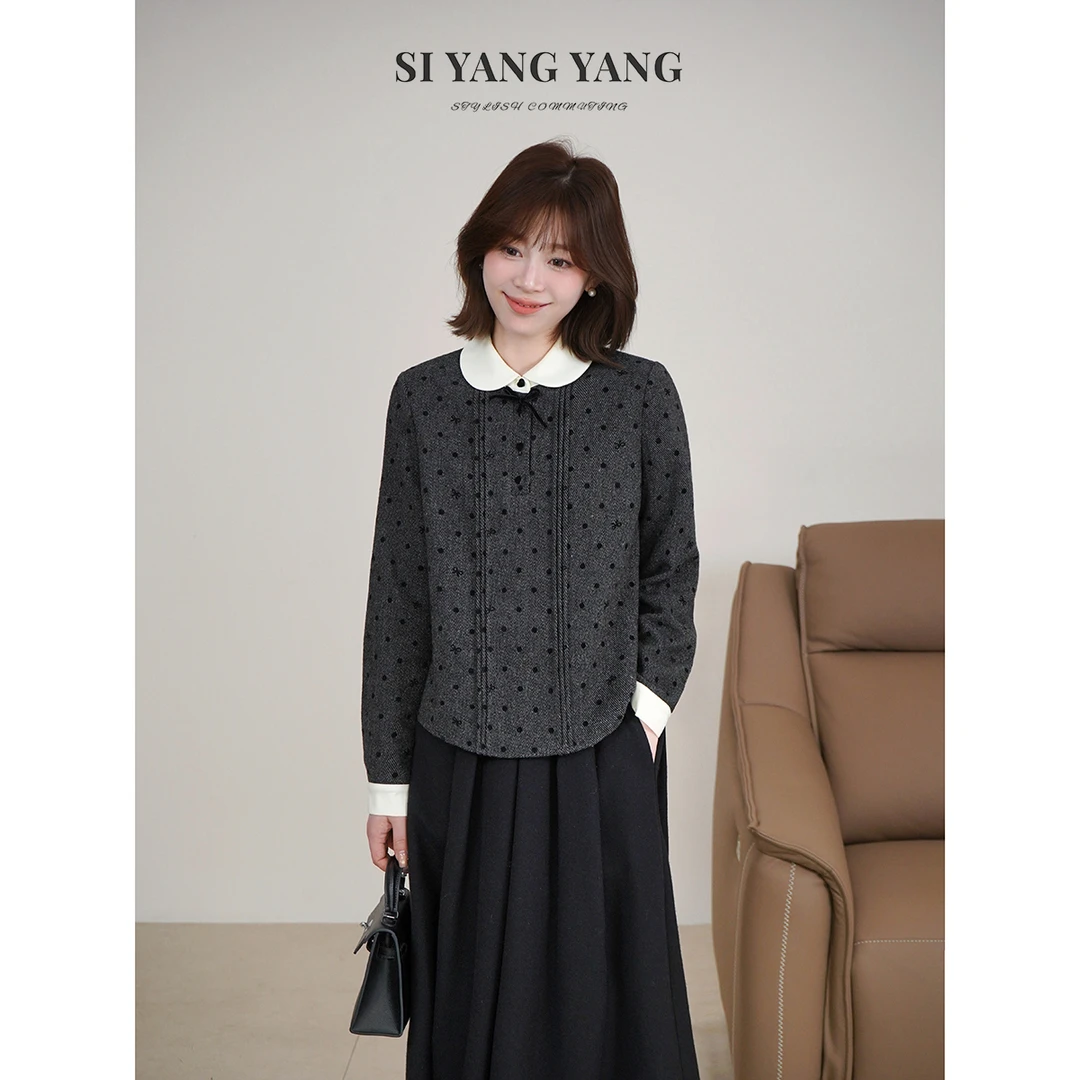 斯洋洋SIYANG冬季羊毛波点娃娃领通勤女装轻奢上衣SY511A071SYY