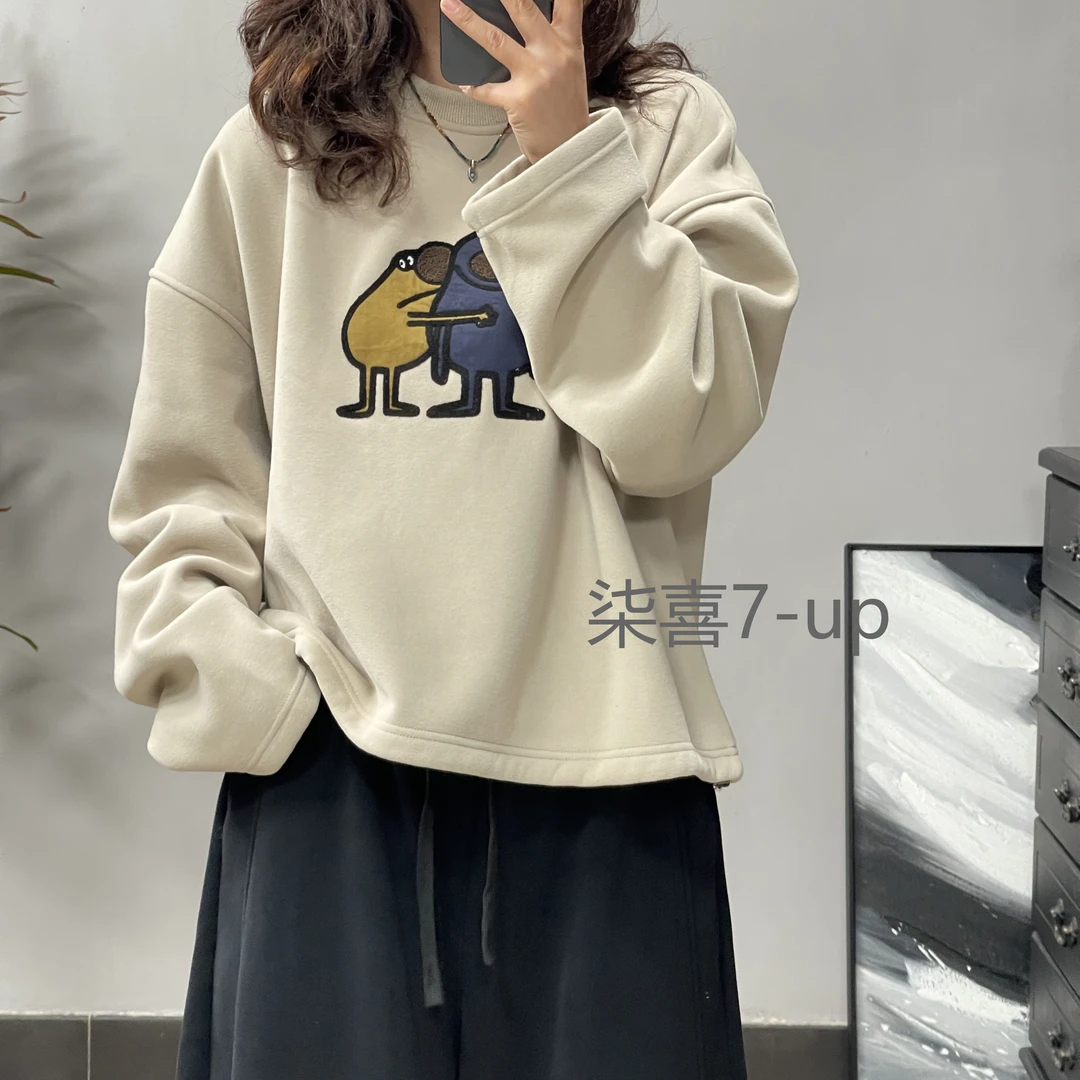 8322冬季加绒加厚卫衣宽松刺绣韩版休闲百搭长袖设计感圆领慵懒风