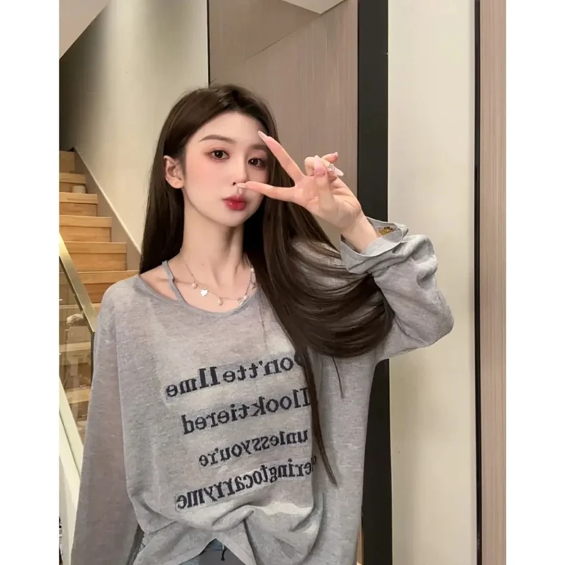 2025新款春秋灰色防晒衣百搭罩衫女露肩薄款长袖t恤宽松小众上衣