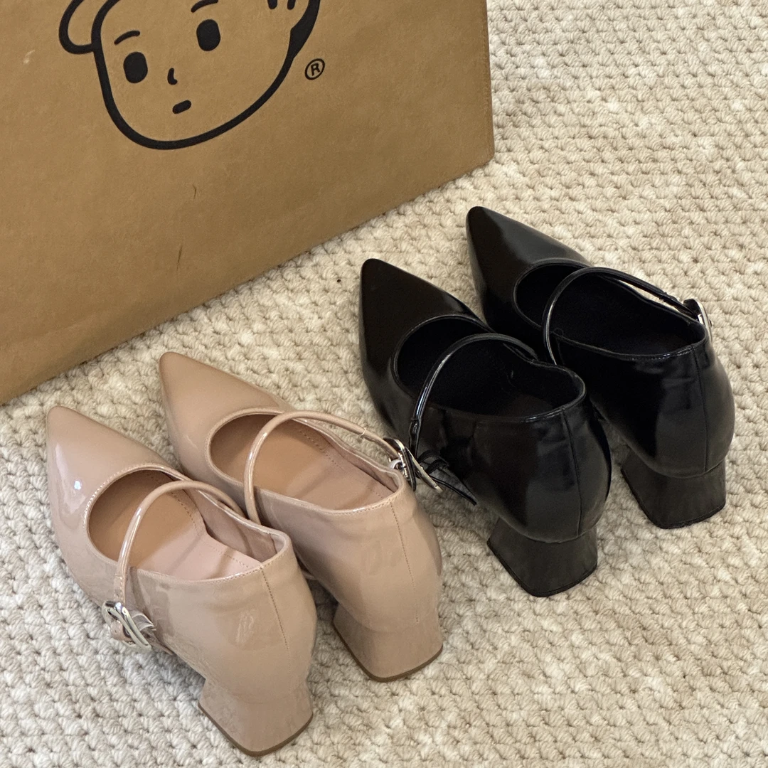 晚睡兰•内增高10cm法式尖头气质通勤单鞋女粗跟一字扣带玛丽珍女