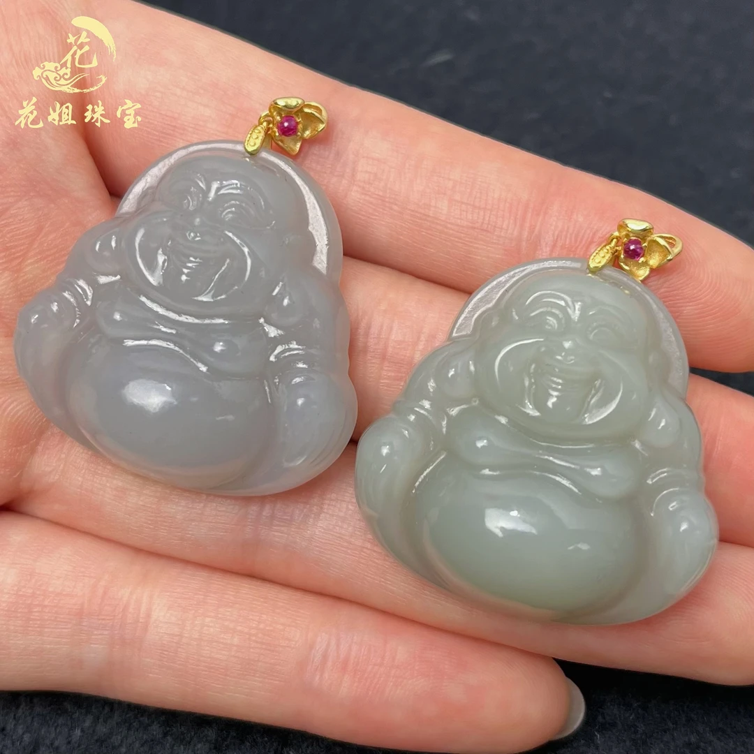 C37天然和田玉S925银镶烟紫佛公玉吊坠35*35*11mm 多样性发其一