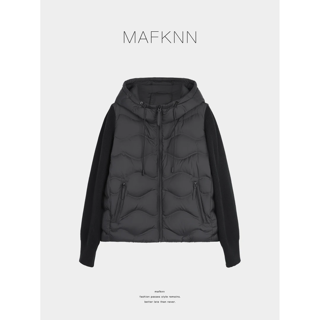 MAFKNN/玛肯时尚休闲简约纯色百搭拼接带帽羽绒服MK13261
