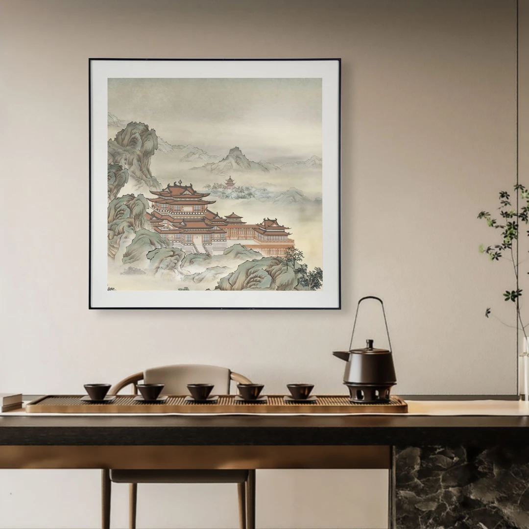 致绘描金装饰画《云峰隐阁》方形客厅入户玄关画中式茶室背后挂画