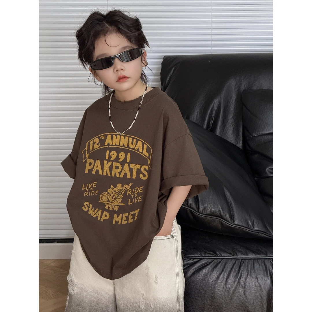 童装儿童T恤男童女童印花上衣美拉德洋气韩版宽松短袖半袖美式潮