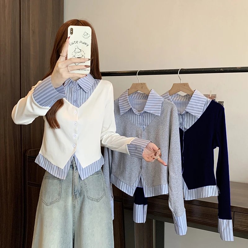 2025春装新款胖mm大码女假两件条纹拼接修身上衣衬衣T恤OU33549