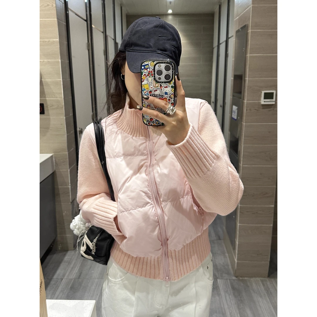 棉服女2025冬季新款韩系小个子高级感超好看针织拼接立领棉衣外套