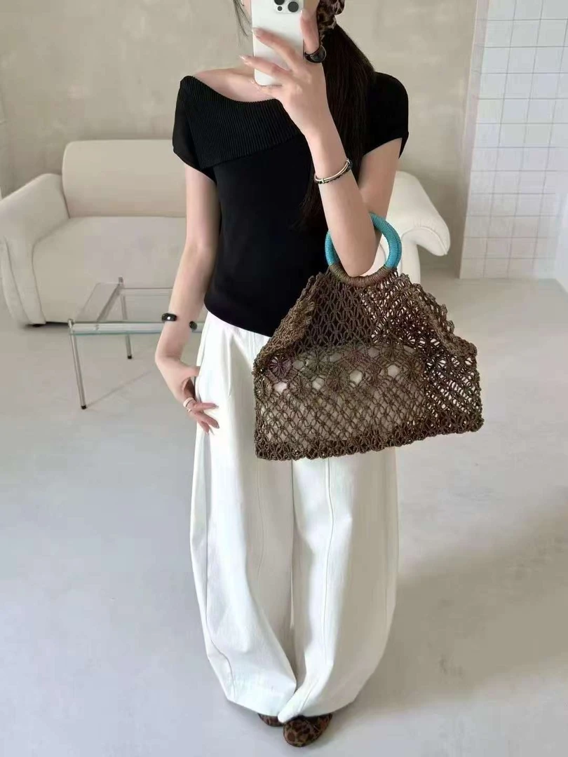 毛针织衫夏季短袖经典棕色薄款咖色短款一字领潮流