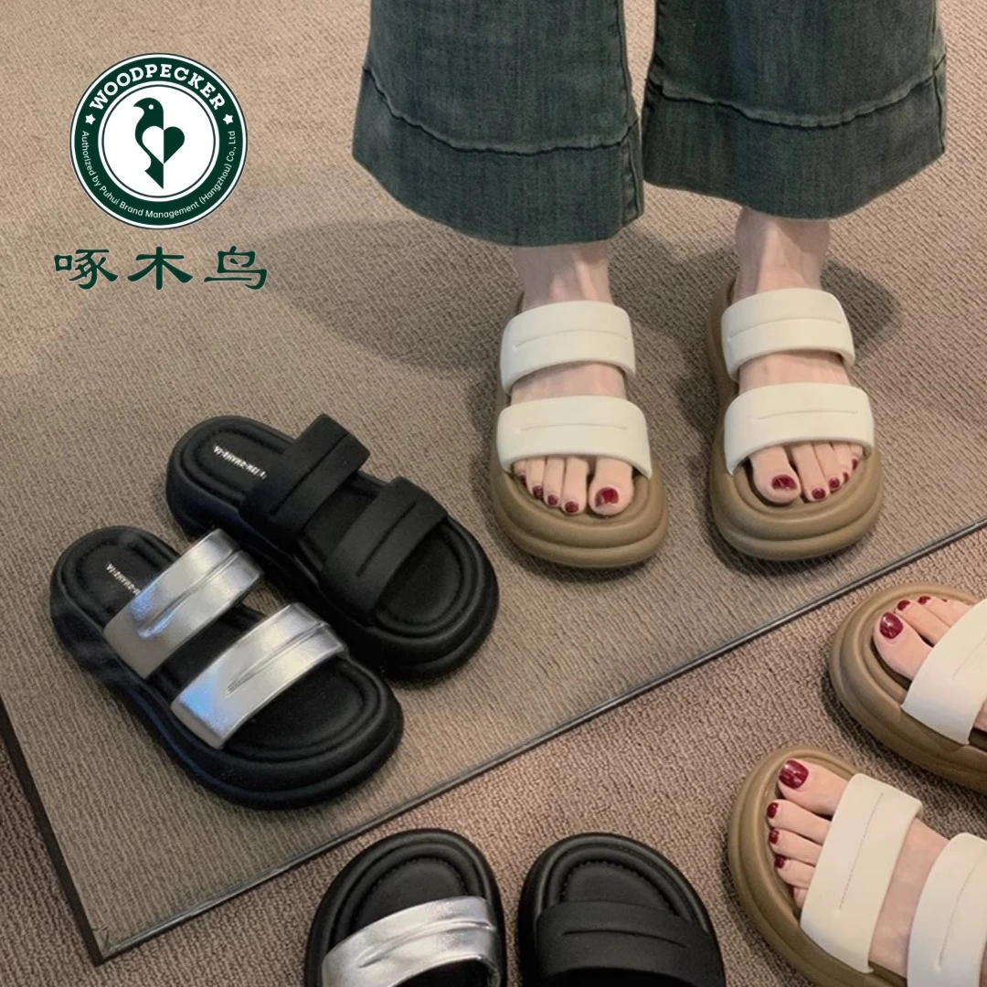 啄木鸟厚底时尚拖鞋女鞋2025新款夏季外穿小个子百搭凉鞋增高凉拖