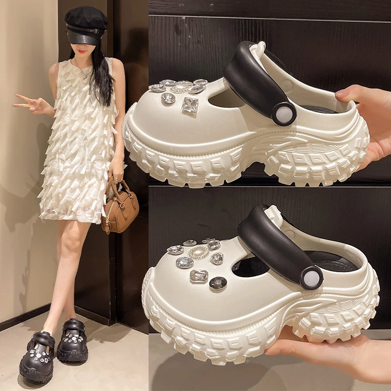 可DIY亮钻洞洞鞋2025夏季新款时尚简约女款外穿增高厚底满钻凉鞋
