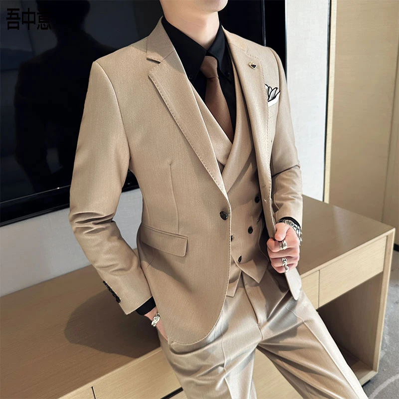 高级感西装男套装三件套修身商务正装纯色百搭新郎伴郎结婚西服男