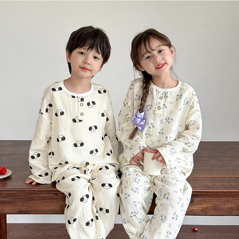 防着凉男童女童A类纱布套装童装宝宝防踢被空调服卡通儿童睡衣