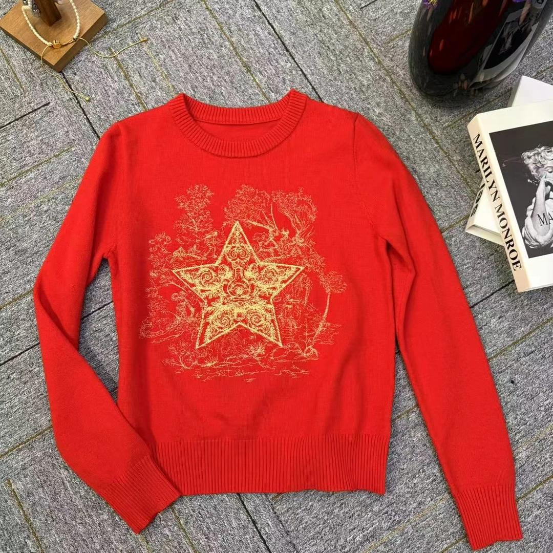 A1085 红色重工五角星刺绣针织衫早春新款时尚百搭气质显瘦套头